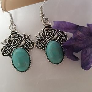 NEW Earrings silver roses turquoise blue accents stainless Earwires NWT